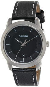 Sonata Men's Watch Analog Black Dial With Black Leather Strap, 7924SL11